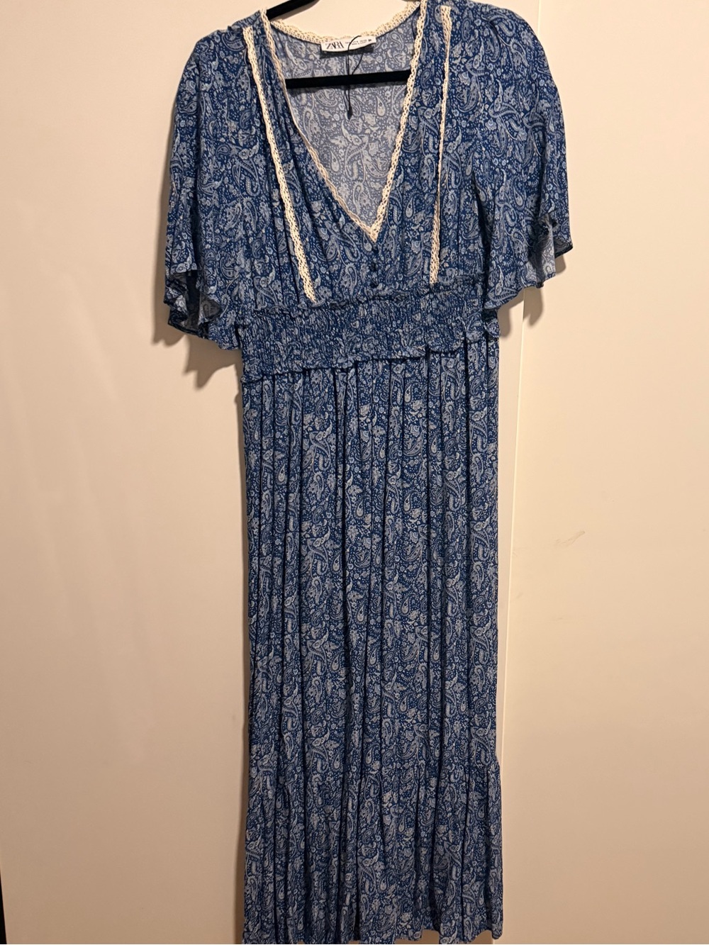 Zara Blue Paisley V-Neck Maxi Dress with Cream Trim